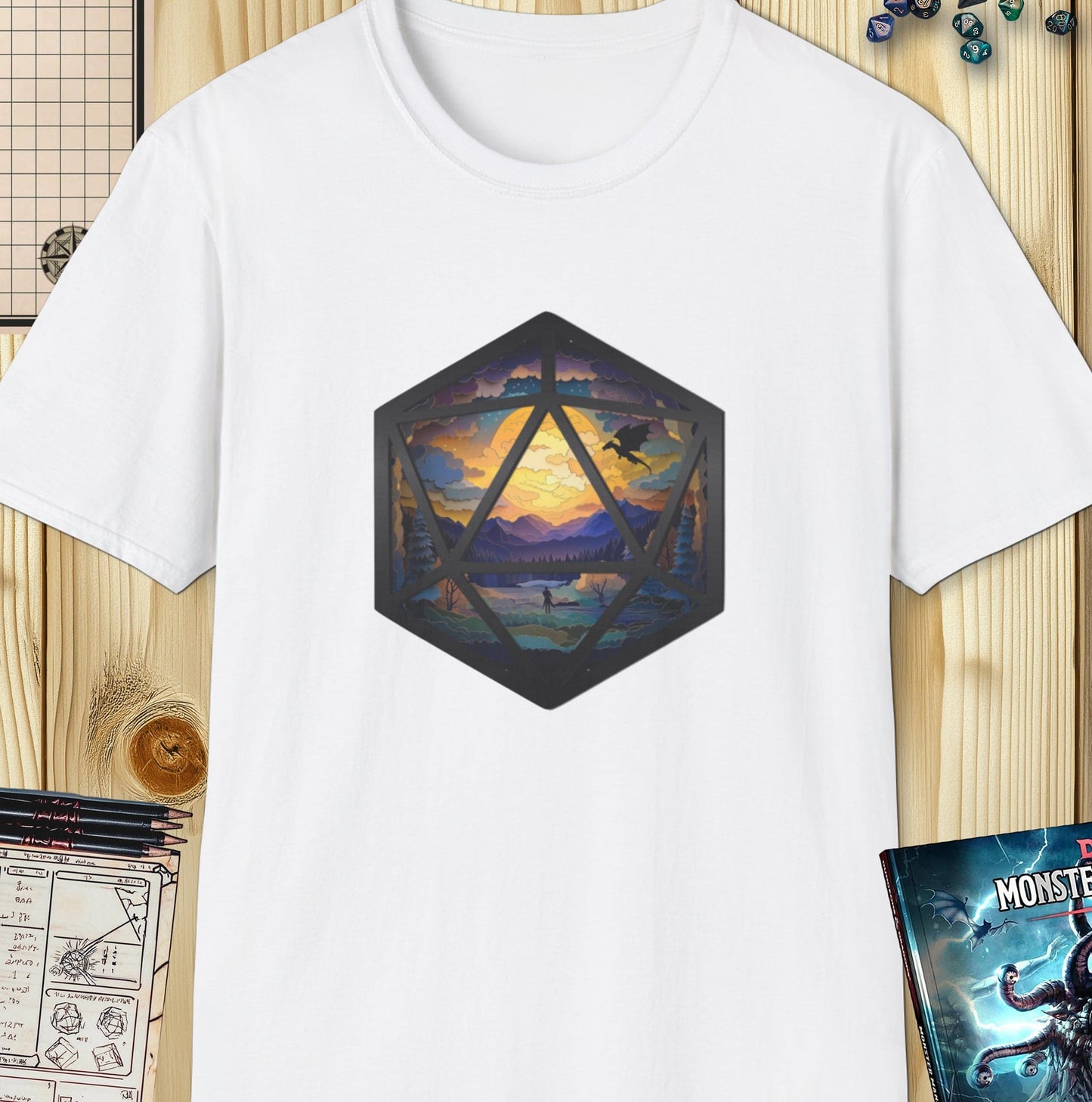 Adventurer's Quest - Artistic Layered Paper Cut D20 D&D T-Shirt