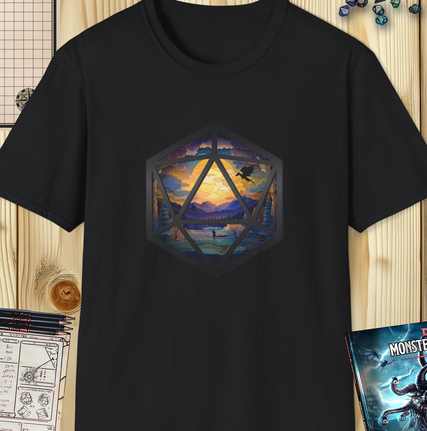 Adventurer's Quest - Artistic Layered Paper Cut D20 D&D T-Shirt