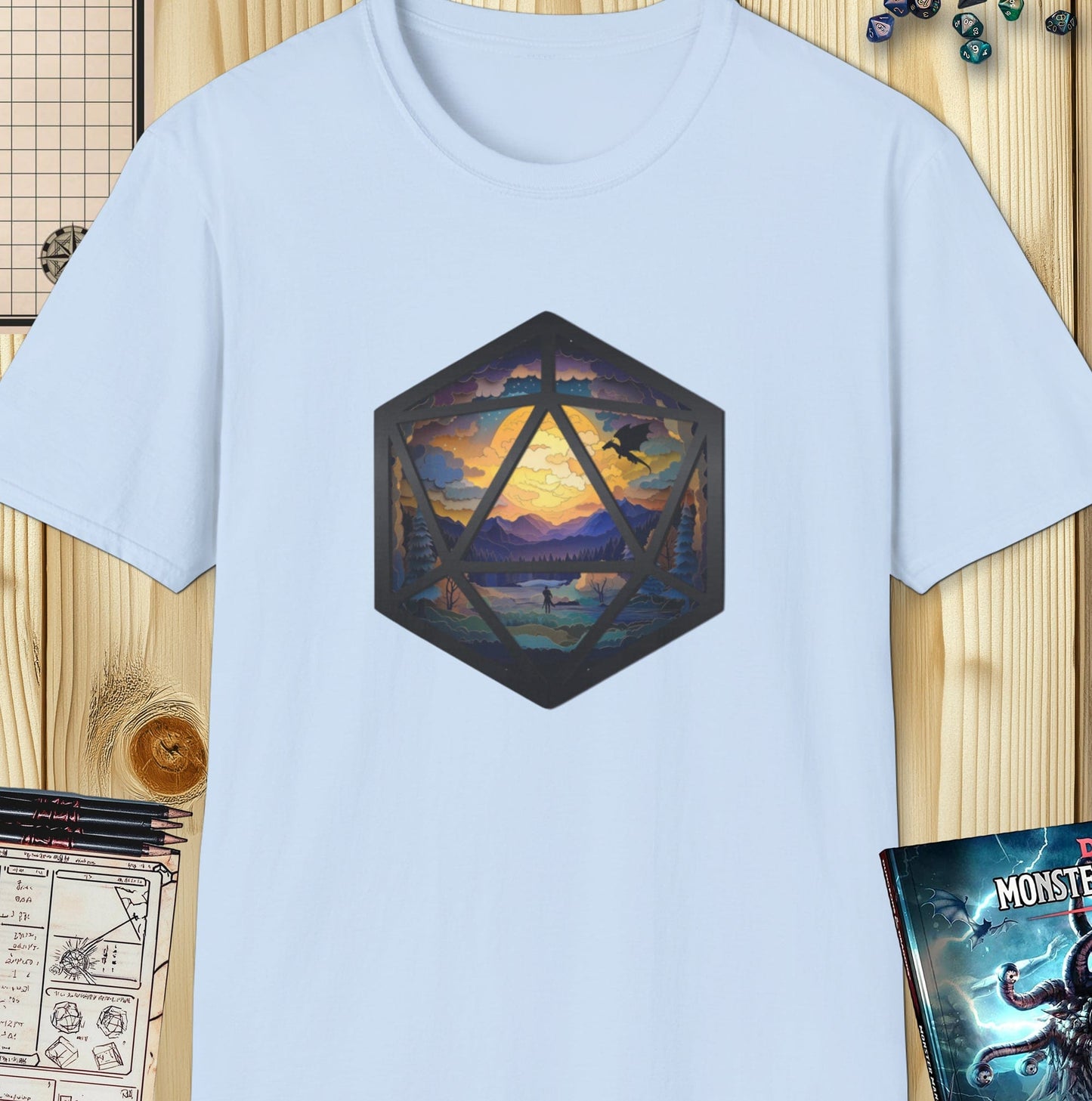 Adventurer's Quest - Artistic Layered Paper Cut D20 D&D T-Shirt