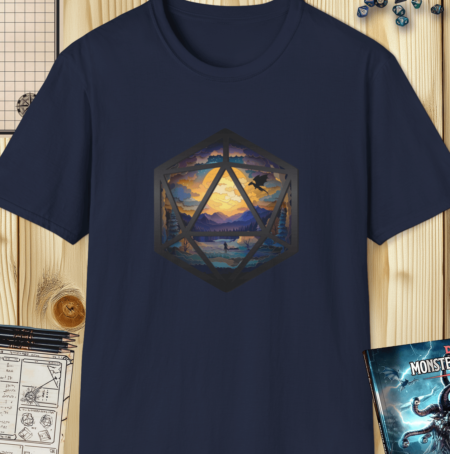 Adventurer's Quest - Artistic Layered Paper Cut D20 D&D T-Shirt