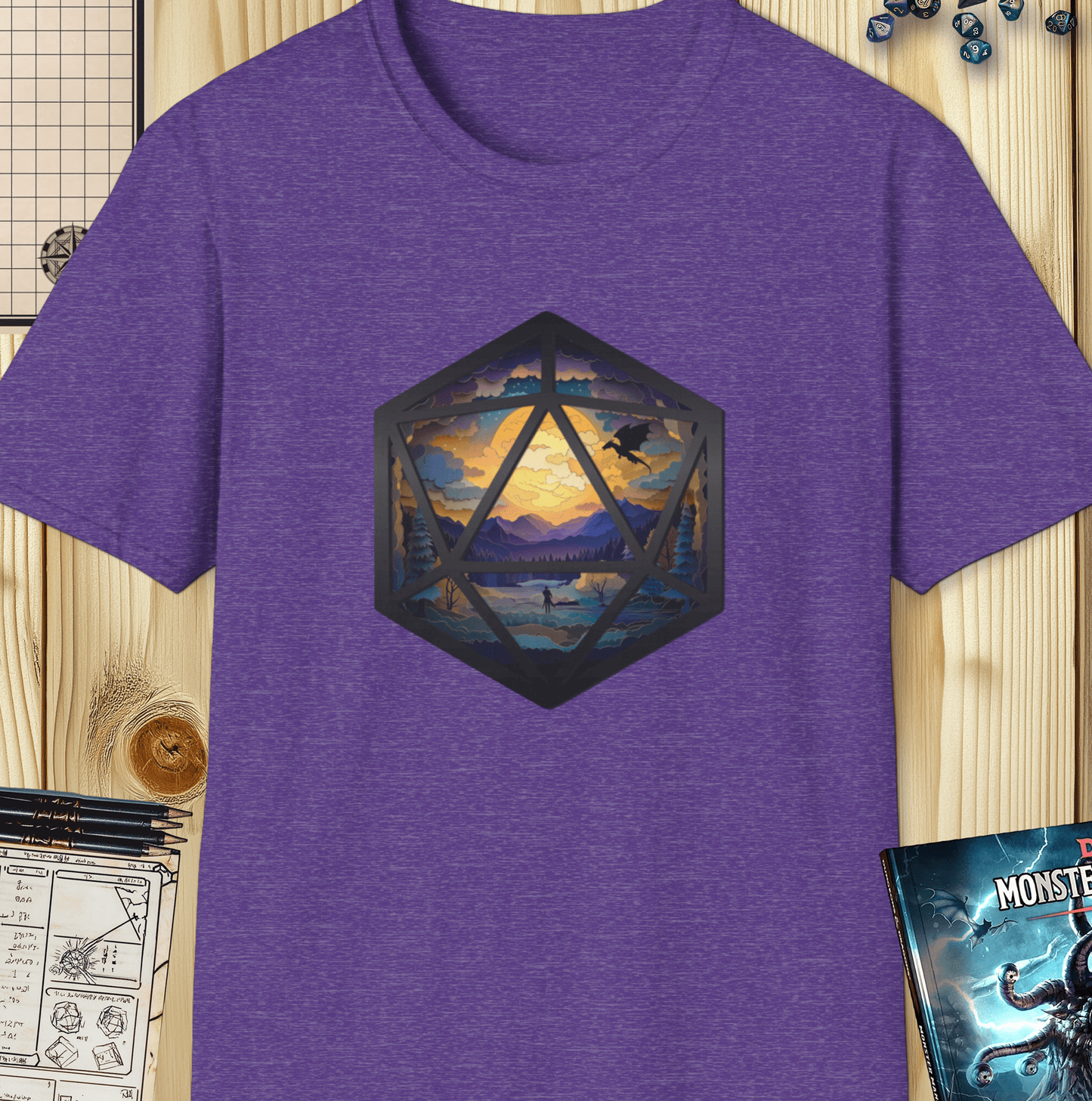 Adventurer's Quest - Artistic Layered Paper Cut D20 D&D T-Shirt