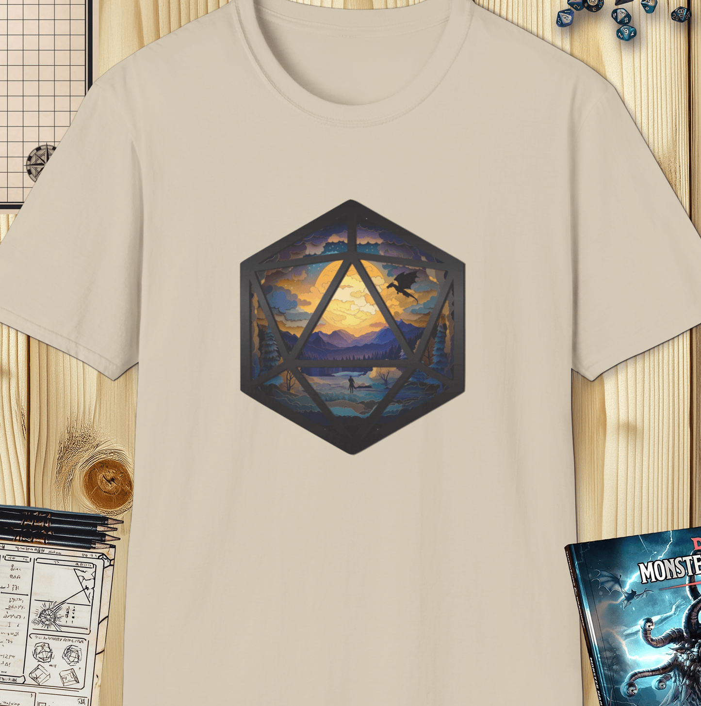 Adventurer's Quest - Artistic Layered Paper Cut D20 D&D T-Shirt