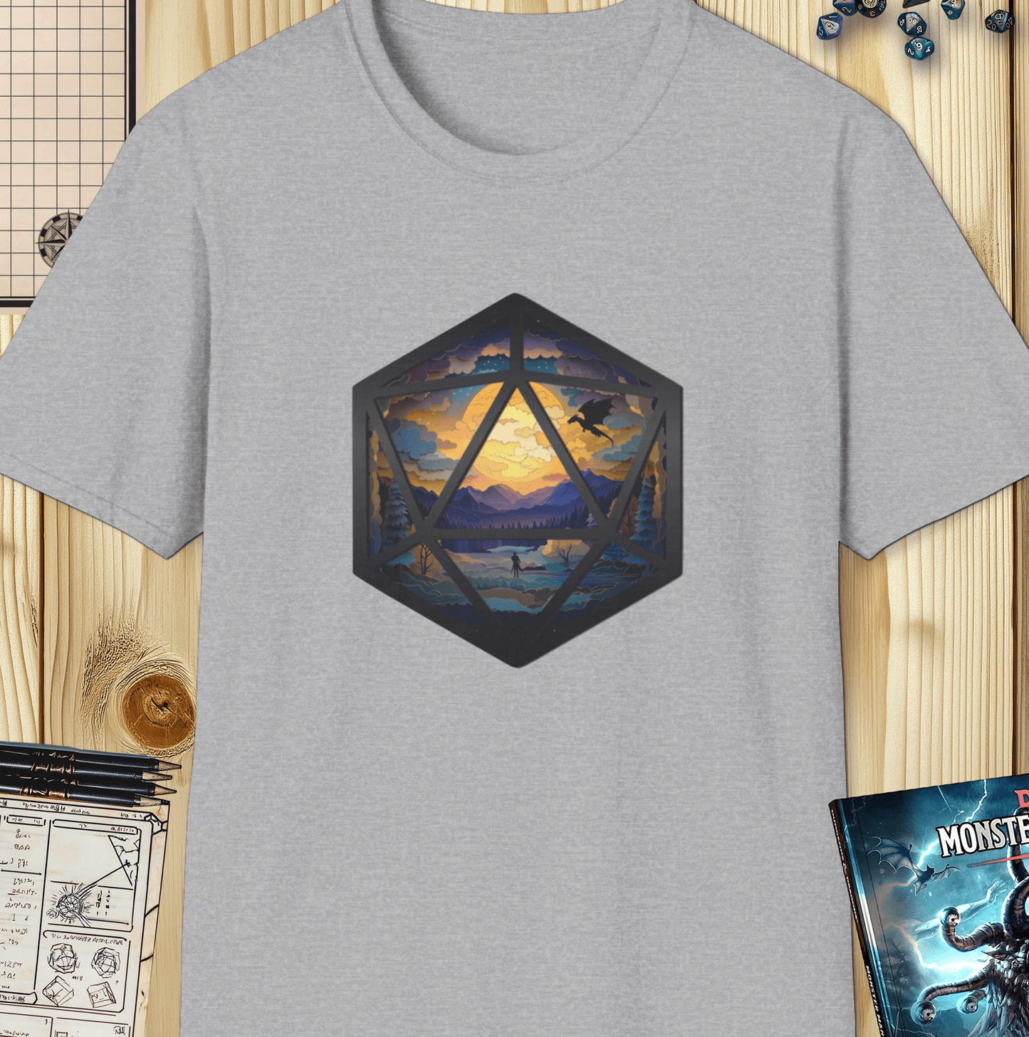 Adventurer's Quest - Artistic Layered Paper Cut D20 D&D T-Shirt